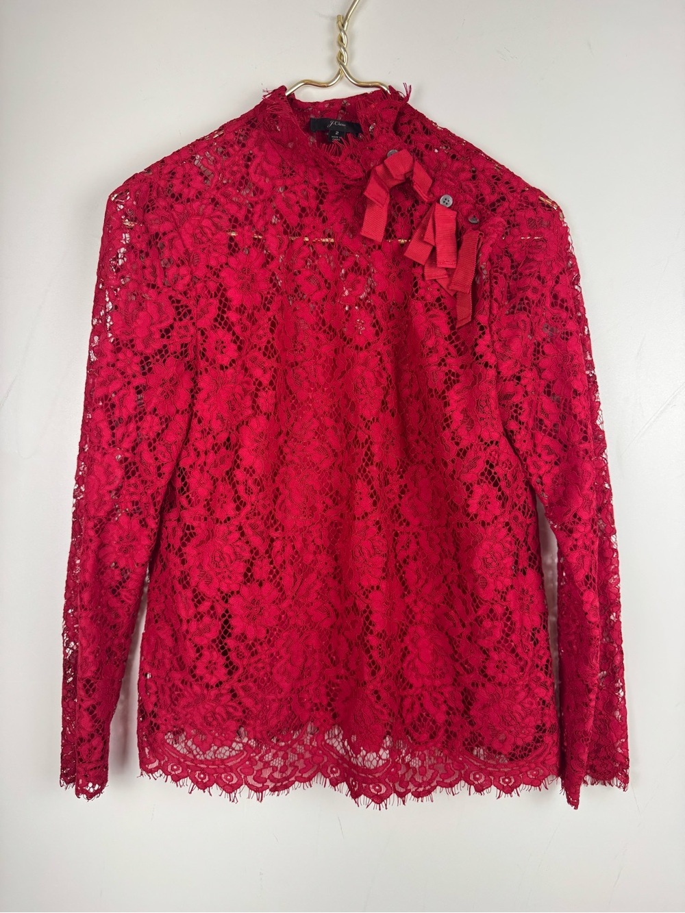 J Crew Red Lace Top 2 Mock Neck Grosgrain Bow Button Shoulder Romantic Victorian